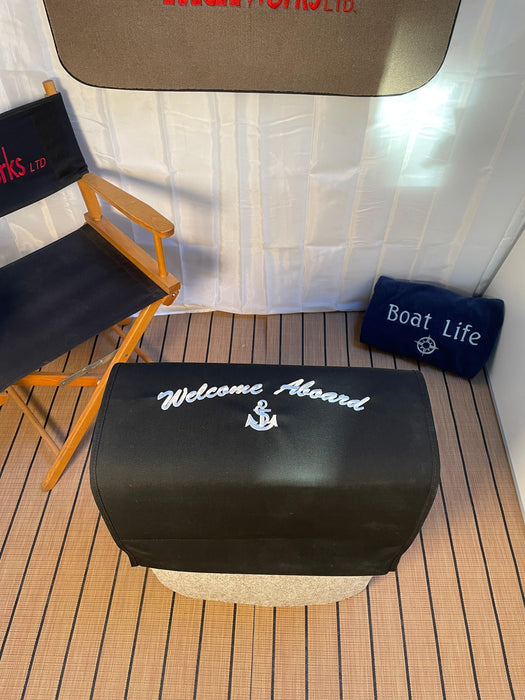 Flash Sale! 20"W X 36"L "Welcome Aboard" Canvas (Sunbrella) Gunwale Marine Mat - Matworks